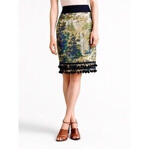 Maeve Scenic Tapestry Pencil Skirt Size 10 Pom Trim Art Print Midi Skirt Artcore